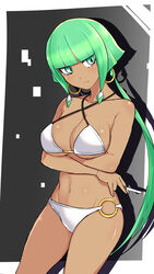  azure_striker_gunvolt bikini blunt_bangs breast_hold breasts cigarette closed_mouth cougar_(cougar1404) cowboy_shot criss-cross_halter dark-skinned_female dark_skin earrings female frown green_eyes green_hair groin gunvolt_chronicles_luminous_avenger_ix halterneck holding holding_cigarette hoop_earrings inters_(gunvolt) jewelry long_hair looking_at_viewer navel o-ring solo standing swimsuit white_bikini 