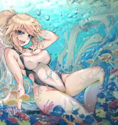  air_bubble anthias_(fish) blonde_hair blue_eyes breasts bubble cleavage commentary_request competition_swimsuit coral cowboy_shot fate/grand_order fate_(series) female fish high_ponytail highres jeanne_d&#039;arc_(fate) jeanne_d&#039;arc_(swimsuit_archer)_(fate) jeanne_d&#039;arc_(swimsuit_archer)_(second_ascension)_(fate) long_hair looking_at_viewer one-piece_swimsuit open_mouth ru_251 smile solo swimsuit teeth tropical_fish underwater upper_teeth_only whistle whistle_around_neck 