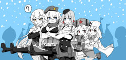  5girls ? absurdres ak-47_(girls&#039;_frontline) bad_id bad_pixiv_id beret bikini boots breasts capoki cleavage commentary_request cossack_dance dancing earrings fur_hat girls&#039;_frontline hat highres jacket jacket_on_shoulders jewelry makarov_(girls&#039;_frontline) military military_uniform moscow multiple_girls nagant_revolver_(girls&#039;_frontline) ots-14_(girls&#039;_frontline) photoshop_(medium) russia scarf simonov_(girls&#039;_frontline) smile snowing speech_bubble star_(symbol) star_earrings swimsuit uniform ushanka 