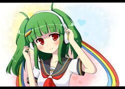  beatmania_iidx blush commentary_request female green_hair hishimiya_tsugaru letterboxed looking_at_viewer red_eyes rensei smile solo twintails 