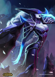  armor braid breasts cleavage colored_skin commentary covered_eyes fake_horns female glowing_hands grey_skin helmet helmet_over_eyes horned_helmet horns ice kajin_(kajinman) large_breasts league_of_legends lipstick lissandra_(league_of_legends) long_hair makeup narrow_waist pauldrons photoshop_(medium) purple_lips shoulder_armor single_braid smile solo very_long_hair white_hair 