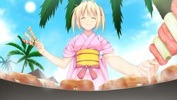  blonde_hair closed_eyes female food game_cg grill highres kagurazaka_namine koutaro long_hair palm palm_tree tropical_kiss tropical_vacation twinkle_(company) twinkle_soft 