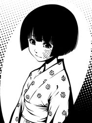  bandaid bandaid_on_face bob_cut commentary_request female flat_chest floral_print fugetac greyscale highres japanese_clothes kimono monochrome original screentones short_hair solo 