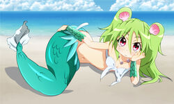  beach clam cloud commentary_request day female green_hair groin hair_ornament long_hair mermaid monster_girl muromi-san namiuchigiwa_no_muromi-san navel outdoors red_eyes shell sky smile solo spiceg twintails two_side_up 