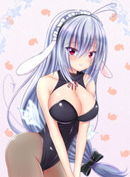  aneten animal_ears blue_hair breasts cleavage commentary_request demon_tail emil_chronicle_online female fishnet_pantyhose fishnets hair_ribbon hairband large_breasts leaning_forward looking_at_viewer mitama_kyrie pantyhose playboy_bunny rabbit_ears red_eyes ribbon solo tail 