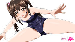  blush female mizuki_makoto one-piece_swimsuit outstretched_arms photokano photoshop_(medium) sakura_mai_(photokano) school_swimsuit short_hair smile solo spread_arms spread_legs swimsuit thighs twintails white_background 