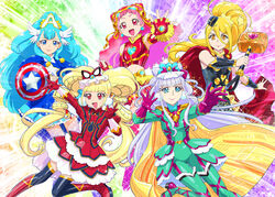  5girls :d aisaki_emiru alternate_eye_color avengers:_infinity_war avengers_(series) blonde_hair blue_eyes blue_hair blunt_bangs blush bodysuit boots bow cape captain_america captain_america_(cosplay) commentary_request cosplay cowboy_shot cure_amour cure_ange cure_etoile cure_macherie cure_yell double_bun dress drill_hair earrings elbow_gloves fingerless_gloves garrison_cap gloves glowing hair_bun hair_ornament hair_ribbon hairbow hammer hat head_wings heart hugtto!_precure iron_man iron_man_(cosplay) jewelry kagayaki_homare lipstick long_hair looking_at_viewer magical_girl makeup marvel marvel_cinematic_universe midriff multiple_girls navel nono_hana open_mouth parody pink_eyes pink_hair pom_pom_(cheerleading) precure purple_eyes red_eyes ribbon ruru_amour scarf shield shiny_clothes shiny_skin skirt smile sparkle spider-man spider-man_(cosplay) spider-man_(series) star_(symbol) star_hair_ornament superhero_costume thigh_boots thighhighs thighs thor_(marvel) thor_(marvel)_(cosplay) twin_drills ueyama_michirou very_long_hair vision_(marvel) vision_(marvel)_(cosplay) weapon wings wrist_cuffs yakushiji_saaya yellow_eyes 