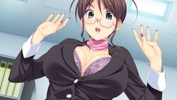  blue_eyes blush bra breasts brown_hair cleavage female game_cg glasses highres koutaro mukou_ao nail_polish open_mouth open_shirt shirt tropical_vacation twinkle_soft underwear 