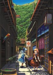  3girls :3 animal_ears bird black_hair blonde_hair blue_eyes blue_hair blush bottle bow cart cirno city commentary_request doll dress fairy_wings highres ice inaba_tewi jar md5_mismatch medicine_melancholy multiple_girls outdoors parrot pharmacy rabbit_ears ranka_(tonbo) road scenery street torii touhou vanishing_point wings 