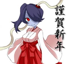  blue_skin bokusuzu breasts hair_over_one_eye japanese_clothes kimono leviathan_(skullgirls) misaki_naoe red_eyes side_ponytail simple_background skullgirls squigly_(skullgirls) stitched_mouth translation_request zombie 