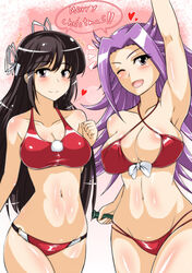  2girls absurdres bikini black_hair bottle breasts christmas cleavage commentary_request heart highres hiyou_(kancolle) jun&#039;you_(kancolle) kantai_collection large_breasts long_hair looking_at_viewer medium_breasts merry_christmas midriff multiple_girls navel one_eye_closed photoshop_(medium) purple_eyes purple_hair red_bikini sake_bottle sangyou_haikibutsu_a santa_bikini santa_costume sidelocks spiked_hair swimsuit 