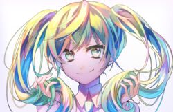  commentary female green_eyes green_nails hatsune_miku highres hikari50503 holding holding_own_hair long_hair looking_at_viewer multicolored_hair nail_polish necktie portrait shirt simple_background smile solo twintails vocaloid white_background white_shirt 