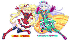  2girls :d aisaki_emiru alternate_eye_color avengers:_infinity_war avengers_(series) blonde_hair blue_eyes blunt_bangs bodysuit boots bow cape commentary_request cosplay cure_amour cure_macherie double_bun dress drill_hair earrings gloves hair_bun hair_ornament hairbow highres hugtto!_precure jewelry lipstick long_hair magical_girl makeup marvel marvel_cinematic_universe multiple_girls open_mouth precure red_eyes ruru_amour simple_background smile spider-man spider-man_(cosplay) spider-man_(series) superhero_costume thigh_boots thighhighs twin_drills twintails ueyama_michirou very_long_hair vision_(marvel) vision_(marvel)_(cosplay) white_background 