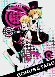  1boy bati15 blonde_hair bonus_stage_(vocaloid) brother_and_sister commentary_request female green_eyes hair_ornament hairclip hat kagamine_len kagamine_rin short_hair shorts siblings skirt smile thighhighs top_hat twins vocaloid zettai_ryouiki 