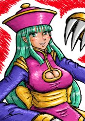  blush borockman breasts chinese_clothes claws cleavage cleavage_cutout clothing_cutout commentary_request cosplay female green_eyes green_hair hat large_breasts lei_lei lei_lei_(cosplay) long_hair morrigan_aensland sash smile solo vampire_(game) 