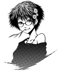  commentary_request female flower freckles fugetac glasses greyscale grin hair_flower hair_ornament jewelry monochrome mouth_hold necklace off_shoulder original screentones smile solo 