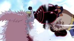  2boys animated animated black_eyes black_hair donquixote_doflamingo dressrosa fighting gear_fourth male_focus monkey_d_luffy multiple_boys one_piece punch 