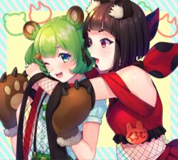  2girls animal_ears animare bbbannooo bear_ears bear_paws black_hair blush breasts commentary_request fox_ears green_eyes green_hair hair_ornament hairclip hinokuma_ran inari_kuromu looking_at_another medium_breasts multiple_girls nanashi_inc. one_eye_closed open_mouth red_eyes short_hair short_sleeves smile virtual_youtuber 