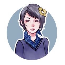  batman_(series) black_hair brown_eyes bust circle dc_comics female flower freckles gotham_academy hair_flower hair_ornament maps_mizoguchi plaid school_uniform short_hair smile solo sweater upper_body 