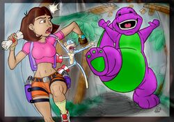  2013 aged_up anthro backpack barney_and_friends barney_the_dinosaur boots boots_(dora_the_explorer) bottomwear breasts brown_eyes brown_hair chasing clock clothing dasutobani digital_media_(artwork) dinosaur dora_marquez dora_the_explorer extinct female footwear group gun hair handgun haplorhine holster human lips long_socks male mammal map midriff monkey navel outside pistol prehistoric_species primate ranged_weapon red_lips reptile running scalie shaded short_hair shorts simple_background watch weapon what 