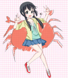  aiura bad_id bad_pixiv_id black_eyes black_hair blush casual crab female hood hoodie legs long_hair neneru shoes skirt sleeves_rolled_up sneakers solo uehara_ayuko v 