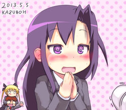  3girls bad_id bad_pixiv_id blonde_hair blush brown_hair commentary_request goshiki_agiri kazuboh kill_me_baby long_hair multiple_girls open_mouth oribe_yasuna photoshop_(medium) purple_eyes purple_hair rensei school_uniform smile sonya_(kill_me_baby) star-shaped_pupils star_(symbol) symbol-shaped_pupils 