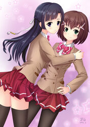  2girls bad_id bad_pixiv_id black_legwear blue_hair brown_hair green_eyes hair_ornament hairclip half_updo highres kakumeiki_valvrave ldfe_mk2 long_hair multiple_girls pantyhose photoshop_(medium) pleated_skirt purple_eyes red_hair ribbon rukino_saki sashinami_shouko school_uniform short_hair skirt sky striped_clothes striped_skirt thighhighs zettai_ryouiki 