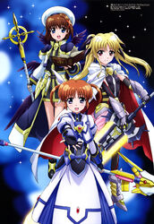  3girls :d absurdres armor bardiche_(nanoha) bardiche_(straight_saber_form)_(nanoha) black_gloves black_wings blonde_hair blue_eyes blush book boots brown_hair crosier dress elbow_gloves fate_testarossa fate_testarossa_(blaze_form_ii) faulds fingerless_gloves gauntlets gloves hair_ornament hair_ribbon hashidate_kana hat highres jacket juliet_sleeves long_hair long_sleeves looking_at_viewer lyrical_nanoha magical_girl mahou_shoujo_lyrical_nanoha_reflection megami_magazine multiple_girls multiple_wings official_art open_mouth outstretched_hand puffy_sleeves purple_eyes raising_heart raising_heart_(bustercanon_mode) red_eyes ribbon scan schwertkreuz short_hair short_twintails sidelocks skirt smile staff sword takamachi_nanoha takamachi_nanoha_(exelion_mode_modified) tome_of_the_night_sky twintails weapon wings x_hair_ornament yagami_hayate zweihander 