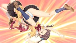  2girls bow bow_panties breasts brown_eyes brown_hair clenched_teeth closed_eyes game_cg german_suplex hair_bobbles hair_ornament highres kneehighs koigakubo_chihaya koutaro loafers medium_breasts midriff multicolored_hair_bobbles multiple_girls open_mouth panties pleated_skirt ponytail red_hair school_uniform serafuku shirt shoes short_sleeves skirt socks suplex suzukaze_hotaru teeth tropical_vacation twintails underwear upside-down upskirt white_legwear white_panties 