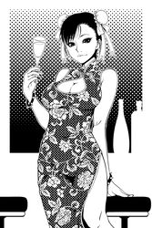  bar_stool biting_own_lip breasts bun_cover china_dress chinese_clothes chun-li cleavage cleavage_cutout clothing_cutout commentary_request cup double_bun dress drinking_glass eyelashes female fingernails floral_print fugetac greyscale hair_bun highres large_breasts long_dress long_fingernails looking_at_viewer monochrome nail_polish screentones side_slit sleeveless sleeveless_dress solo stool street_fighter wine_glass 