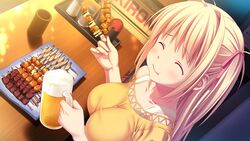  alcohol beer blonde_hair closed_eyes eating female food game_cg highres kagurazaka_namine koutaro long_hair mug tropical_kiss tropical_vacation twinkle_(company) twinkle_soft 