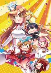  2boys 4girls animal_ears armor asuna_(sao) breastplate brother_and_sister brown_eyes brown_hair carrying carrying_person cat_ears cat_girl cat_tail chibi commentary_request creature_on_head dark_repulser dragon dragon_on_head dual_wielding elucidator fairy feathered_dragon holding holding_sword holding_weapon kirito klein_(sao) leafa lisbeth_(sao) lolicon long_hair mini_dragon mini_person miniboy minigirl multiple_boys multiple_girls person_on_shoulder pina_(sao) pointy_ears short_hair siblings silica sinon sinon_(sao-alo) size_difference sword sword_art_online tail thighhighs tougo very_long_hair weapon white_armor 