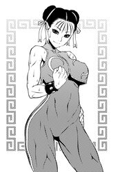  alternate_costume breasts chun-li commentary_request covered_navel crop_top crop_top_overhang double_bun female fugetac greyscale hair_bun hair_ribbon hand_on_own_hip highres large_breasts monochrome ribbon sleeveless solo street_fighter street_fighter_zero_(series) studded_bracelet sweat toned unitard 