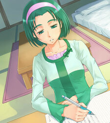  akimoto_komachi bed book commentary_request desk female green_eyes green_hair green_shirt hairband nishiwaki pen precure shirt short_hair solo yes!_precure_5 