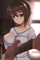  &gt;:( bad_id bad_pixiv_id bass_guitar blurry blurry_background blush breast_rest breasts brown_eyes brown_hair buttons closed_mouth collarbone curtains depth_of_field female frown girls_und_panzer guitar hand_on_own_chest highres holding holding_instrument indoors instant_(ioarthus) instrument large_breasts long_sleeves looking_at_viewer nishizumi_maho pajamas room serious short_hair solo sweater upper_body v-shaped_eyebrows window 