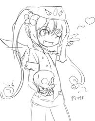  bat_wings ebola-chan female flower monochrome nurse simple_background skull solo wings wink 