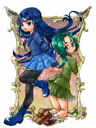  2girls akimoto_komachi bad_id bad_pixiv_id black_pantyhose blazer blue_footwear blue_hair blue_skirt boots color_connection cosplay dress full_body glasses green_eyes green_hair green_shirt green_skirt hairband hououji_fuu hououji_fuu_(cosplay) jacket kneeling loafers long_hair looking_back magic_knight_rayearth minazuki_karen multiple_girls pantyhose power_connection precure round_eyewear ryuuzaki_umi ryuuzaki_umi_(cosplay) school_uniform shina_kopa shirt shoes short_hair skirt socks thighhighs yes!_precure_5 