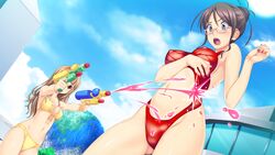  2girls blue_eyes blush breasts brown_eyes brown_hair game_cg glasses highres koutaro mukou_ao multiple_girls nail_polish navel pool tokoro_koran tropical_vacation twinkle_soft water water_gun 