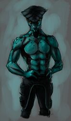  2012 4_eyes abstract_background alien bioware bottomwear clothed clothing electronic_arts green_body hi_res humanoid javik looking_down male mass_effect multi_eye muscular muscular_humanoid muscular_male pants prothean simple_background solo spots superkusokao topless 