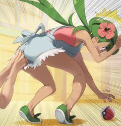  1boy anal anal_fingering apron ass bad_id bad_nijie_id bare_shoulders bent_over blush_stickers breasts dark-skinned_female dark_skin ero_kaeru female fingering flower green_eyes green_hair hair_flower hair_ornament kanchou kira_keita legs long_hair mallow_(pokemon) picking_up pink_shirt poke_ball poke_ball_(basic) pokemon pokemon_sm ribbon shirt shoes sleeveless sleeveless_shirt small_breasts solo_focus straight twintails wide-eyed 