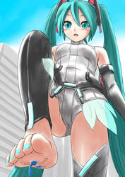  1boy aqua_eyes aqua_hair bad_id bad_pixiv_id barefoot blue_hair blush commentary_request feet female foot_focus giant giantess hatsune_miku hatsune_miku_(append) highres kaito_(vocaloid) long_hair manzi mini_person miniboy nail_polish scarf short_hair sweatdrop thighhighs toenail_polish toenails toes trample twintails very_long_hair vocaloid vocaloid_append 