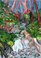  2013 ambiguous_gender amphibian arthropod avian bird canid canine canis centipede colored_pencil_(artwork) creek deer detailed detailed_background female feral fern frog fungus group hi_res hooves horsetail hunting kekpafrany mammal mushroom myriapod plant roe_(disambiguation) traditional_media_(artwork) tree water wolf wood 