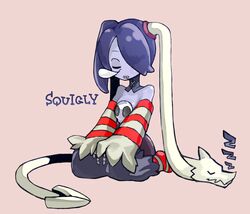  bare_shoulders blue_skin detached_collar detached_sleeves female hair_over_one_eye leviathan_(skullgirls) side_ponytail sitting skullgirls sleeping squigly_(skullgirls) stitched_mouth stitches striped_legwear striped_sleeves thighhighs yeti_(mu_kaiten) zombie zombie_girl 