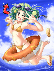  ;d artistic_error barefoot bikini cloud commentary_request day double_bun feet female flat_chest flip-flops goggles goggles_on_head green_hair hair_bun hair_ornament hoshizora_e_kakaru_hashi innertube jumping navel ocean oerba_yun_fang one_eye_closed open_mouth orange_bikini photoshop_(medium) sandals setomi_sora shoes side-tie_bikini_bottom single_shoe smile solo star_(symbol) star_hair_ornament swim_ring swimsuit toudou_koyori v v_over_eye 