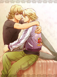  2boys barnaby_brooks_jr. blonde_hair commentary_request green_eyes highres ivan_karelin jacket karuta410 letterman_jacket multiple_boys purple_eyes purple_jacket tiger_&amp;_bunny 