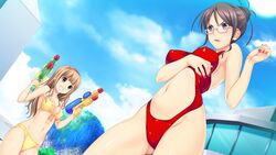  2girls blue_eyes blush breasts brown_eyes brown_hair game_cg glasses highres koutaro mukou_ao multiple_girls nail_polish navel pool tokoro_koran tropical_vacation twinkle_soft water water_gun 