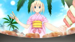  blonde_hair blue_eyes female food game_cg grill highres kagurazaka_namine koutaro long_hair palm palm_tree tropical_kiss tropical_vacation twinkle_(company) twinkle_soft 