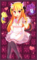  animal_ears apron beatmania_iidx blonde_hair cat_ears cat_tail commentary_request female heart heart-shaped_pupils kneehighs long_hair red_eyes rensei socks solo symbol-shaped_pupils tail the_knee_socks_princess_of_glass 