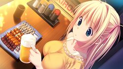  alcohol beer blonde_hair blue_eyes female food game_cg highres kagurazaka_namine koutaro long_hair mug open_mouth tropical_kiss tropical_vacation twinkle_(company) twinkle_soft 