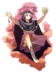  alternate_costume anklet barefoot bracelet buddhist_nun cape commentary_request embellished_costume feet female foot_jewelry habit hood jewelry kumoi_ichirin light_purple_hair nun outstretched_arms purple_eyes ring simple_background spread_arms touhou tsurui unzan wheel_of_dharma white_background 